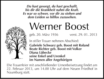Traueranzeige von Werner Boost von Mitteldeutsche Zeitung Naumburg/Nebra