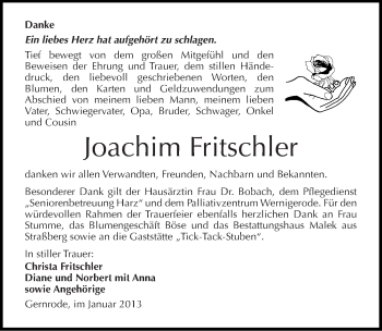 Traueranzeige von Joachim Fritschler von Mitteldeutsche Zeitung Quedlinburg