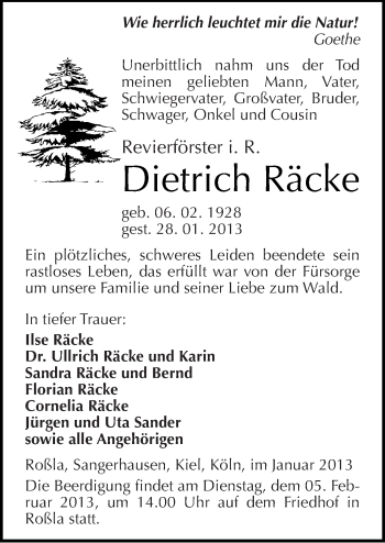 Traueranzeige von Dietrich Räcke von Mitteldeutsche Zeitung Sangerhausen