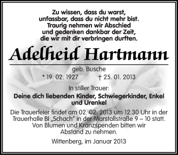 Traueranzeige von Adelheid Hartmann von Mitteldeutsche Zeitung Wittenberg