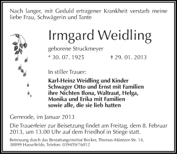 Traueranzeige von Irmgard Weidling von Mitteldeutsche Zeitung Quedlinburg
