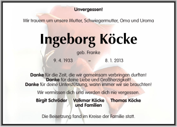 Traueranzeige von Ingeborg Köcke von Mitteldeutsche Zeitung Halle/Saalkreis