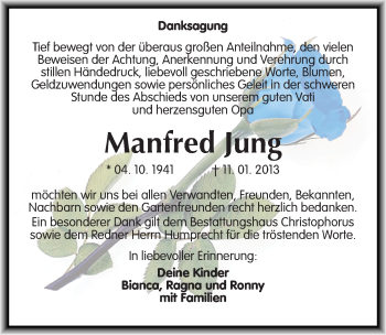 Traueranzeige von Manfred Jung von Mitteldeutsche Zeitung Halle/Saalkreis