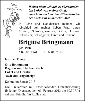 Traueranzeige von Brigitte Bringmann von Mitteldeutsche Zeitung Sangerhausen