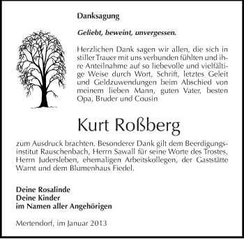 Traueranzeige von Kurt Roßberg von Mitteldeutsche Zeitung Naumburg/Nebra