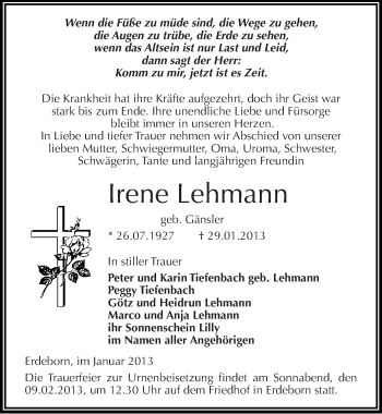 Traueranzeige von Irene Lehmann von Mitteldeutsche Zeitung Mansfelder Land