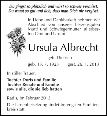 Traueranzeige von Ursula Albrecht von Mitteldeutsche Zeitung Wittenberg