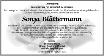 Traueranzeige von Sonja Blättermann von Mitteldeutsche Zeitung Quedlinburg