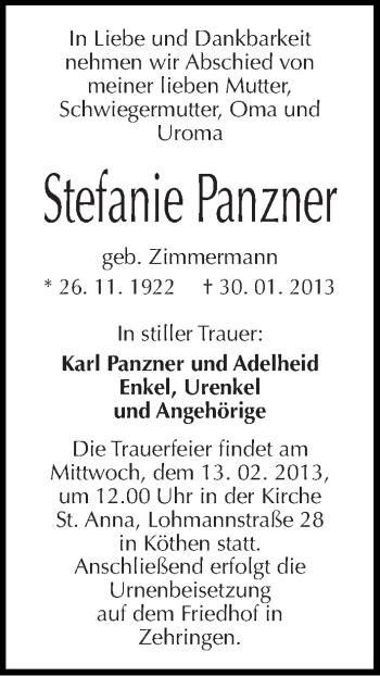 Traueranzeige von Stefanie Panzner von Mitteldeutsche Zeitung Köthen