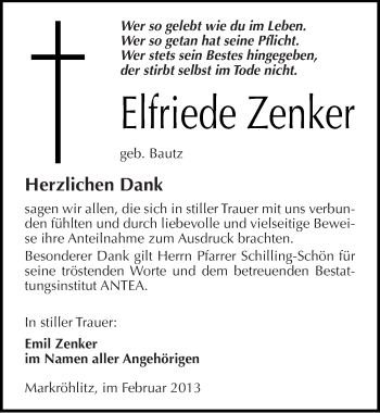 Traueranzeige von Elfriede Zenker von Mitteldeutsche Zeitung Weißenfels