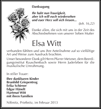 Traueranzeige von Elsa Witt von Mitteldeutsche Zeitung Naumburg/Nebra