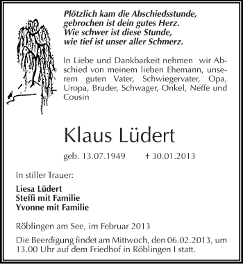 Traueranzeige von Klaus Lüdert von Mitteldeutsche Zeitung Mansfelder Land