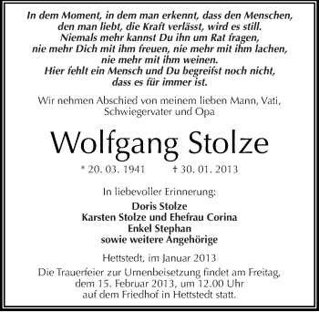Traueranzeige von Wolfgang Stolze von Mitteldeutsche Zeitung Mansfelder Land