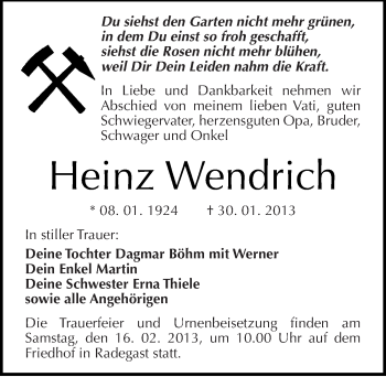 Traueranzeige von Heinz Wendrich von Mitteldeutsche Zeitung Köthen
