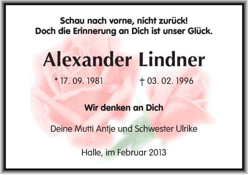 Traueranzeige für Alexander Lindner vom 02.02.2013 aus Mitteldeutsche Zeitung Halle/Saalkreis