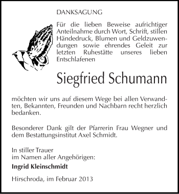Traueranzeige von Siegfried Schumann von Mitteldeutsche Zeitung Naumburg/Nebra