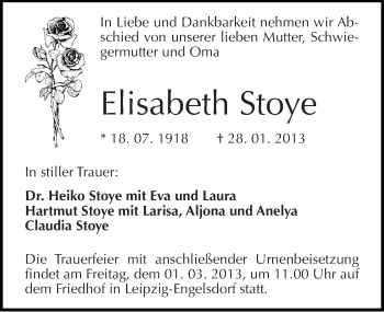 Traueranzeige von Elisabeth Stoye von Mitteldeutsche Zeitung Halle/Saalkreis