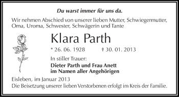 Traueranzeige von Klara Parth von Mitteldeutsche Zeitung Mansfelder Land