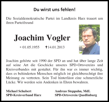 Traueranzeige von Joachim Vogler von Mitteldeutsche Zeitung Quedlinburg
