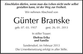 Traueranzeige von Günter Branske von Mitteldeutsche Zeitung Bitterfeld