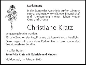 Traueranzeige von Christiane Kratz von Mitteldeutsche Zeitung Sangerhausen