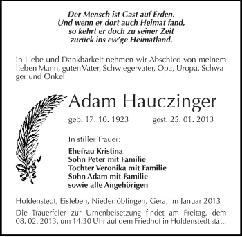 Traueranzeige von Adam Hauczinger von Mitteldeutsche Zeitung Sangerhausen