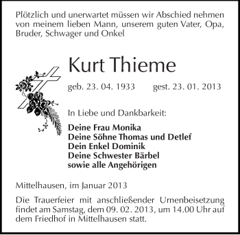 Traueranzeige von Kurt Thieme von Mitteldeutsche Zeitung Sangerhausen