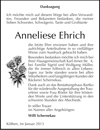 Traueranzeige von Anneliese Ehrich von Mitteldeutsche Zeitung Köthen