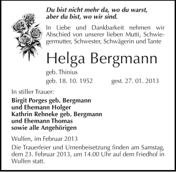 Traueranzeige von Helga Bergmann von Mitteldeutsche Zeitung Köthen