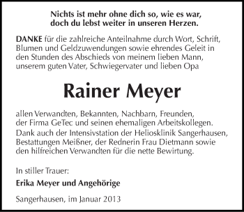 Traueranzeige von Rainer Meyer von Mitteldeutsche Zeitung Sangerhausen