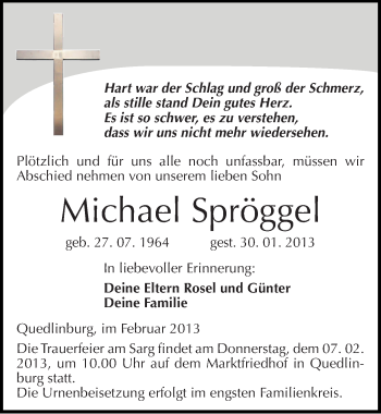 Traueranzeige von Michael Spröggel von Mitteldeutsche Zeitung Quedlinburg