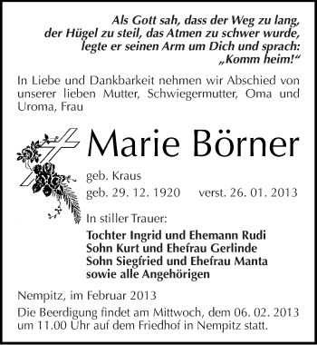 Traueranzeige von Marie Börner von Mitteldeutsche Zeitung Merseburg/Querfurt