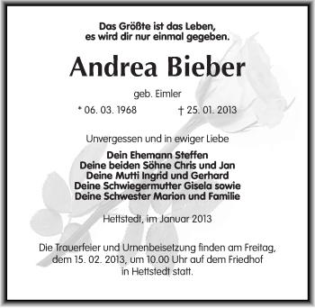 Traueranzeige von Andrea Bieber von Mitteldeutsche Zeitung Mansfelder Land