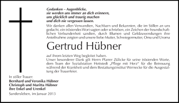Traueranzeige von Gertrud Hübner von Mitteldeutsche Zeitung Mansfelder Land