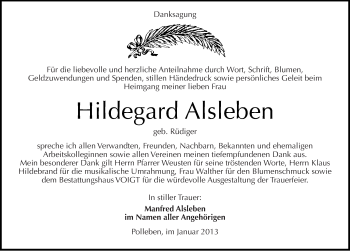 Traueranzeige von Hildegard Alsleben von Mitteldeutsche Zeitung Mansfelder Land