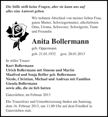 Traueranzeige von Anita Bollermann von Mitteldeutsche Zeitung Aschersleben