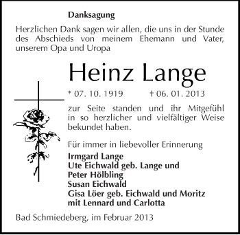 Traueranzeige von Heinz Lange von Mitteldeutsche Zeitung Wittenberg