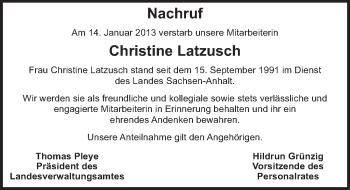 Traueranzeige von Christine Latzusch von Mitteldeutsche Zeitung Halle/Saalkreis