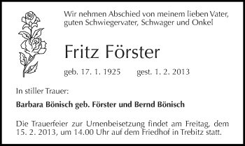 Traueranzeige von Fritz Förster von Mitteldeutsche Zeitung Halle/Saalkreis