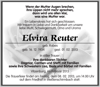 Traueranzeige von Elvira Reuter von Mitteldeutsche Zeitung Merseburg/Querfurt