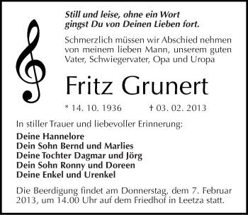 Traueranzeige von Fritz Grunert von Mitteldeutsche Zeitung Wittenberg