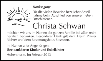 Traueranzeige von Christa Schwan von Mitteldeutsche Zeitung Halle/Saalkreis