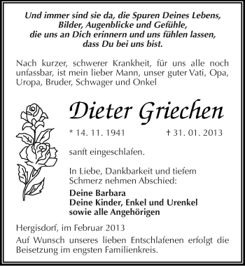 Traueranzeige von Dieter Griechen von Mitteldeutsche Zeitung Mansfelder Land