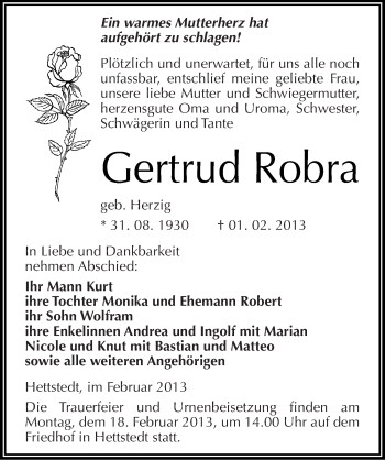 Traueranzeige von Gertrud Robra von Mitteldeutsche Zeitung Mansfelder Land