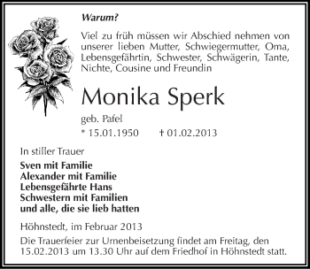Traueranzeige von Monika Sperk von Mitteldeutsche Zeitung Halle/Saalkreis