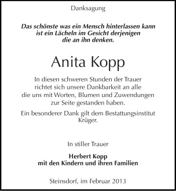 Traueranzeige von Anita Kopp von Mitteldeutsche Zeitung Wittenberg
