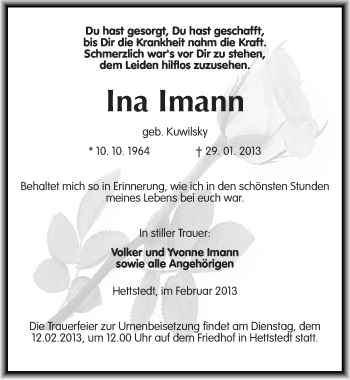 Traueranzeige von Ina Imann von Mitteldeutsche Zeitung Mansfelder Land