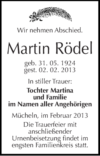 Traueranzeige von Martin Rödel von Mitteldeutsche Zeitung Merseburg/Querfurt