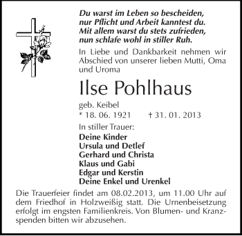 Traueranzeige von Ilse Pohlhaus von Mitteldeutsche Zeitung Bitterfeld