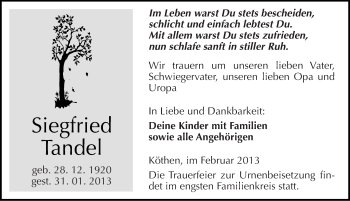 Traueranzeige von Siegfried Tandel von Mitteldeutsche Zeitung Köthen